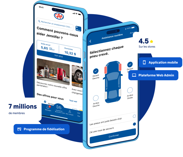 Application mobile CAA montrant le programme de fidélité et les fonctionnalités d'assistance routière.