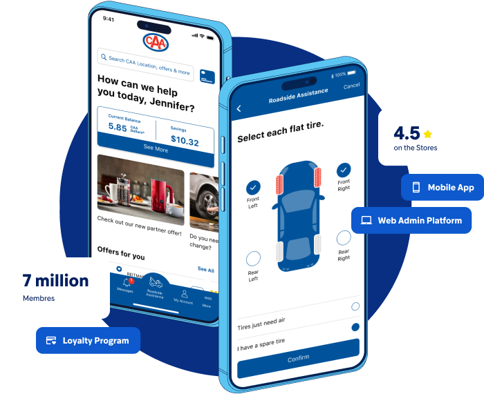 CAA Mobile App showing its loyalty program and roadside assistance features.